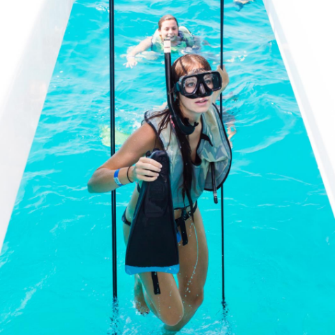 a person standing in front of a pool of water